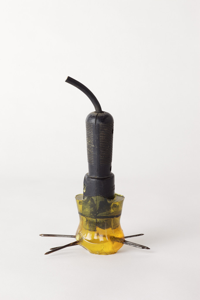 Harry Dodge, 'Emergency Weapon #8 (electric work light and yellow)', 2002, worklamp handle with cord, nails, urethane resin. Image courtesy the artist and The Approach, London.