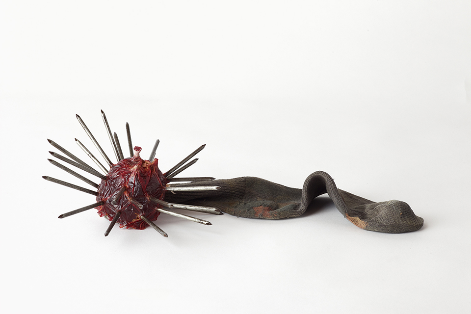 Harry Dodge, 'Emergency Weapon #21 (red with brown sock)', 2002, sock, dirt, urethane resin, nails. Image courtesy the artist and The Approach, London.